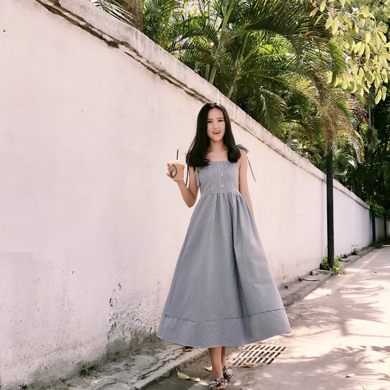 

Fashion 2018 New Summer Sleeveless Sundress Sexy Spaghetti Straps A Line Dress Vestidos Elegant Vintage Plaid Party Midi Dress