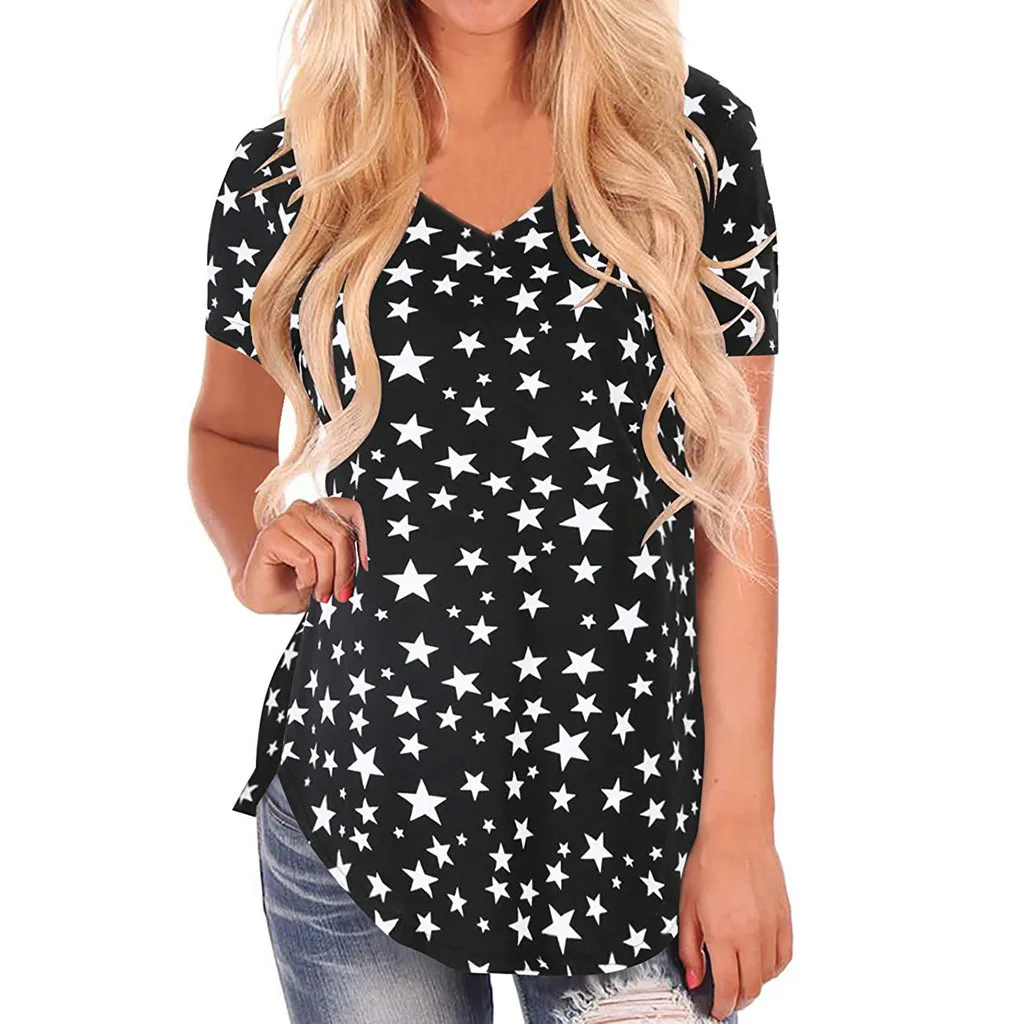 

Womens T-shirt Short Sleeve V-Neck Star Print Casual Loose Stretch Flared T-shirt Daily Tee T-shirt Women Summer Tops Plus Size