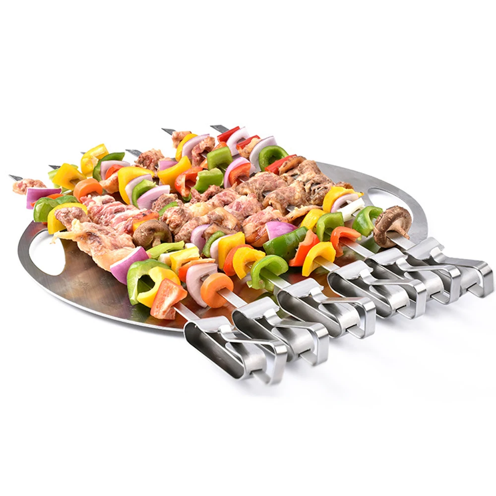 6pcs Stainless steel BBQ Skewer set Wide Barbecue Kabob Sticks w/ Food Remover Disc for Grilling