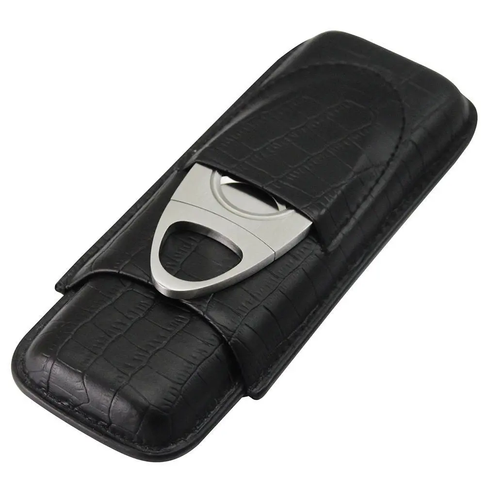 

Genuine Leather Cigar Case Black Travel Cigar Humidor with Stainless Steel Cigar Cutter Pocket Cigar Tools