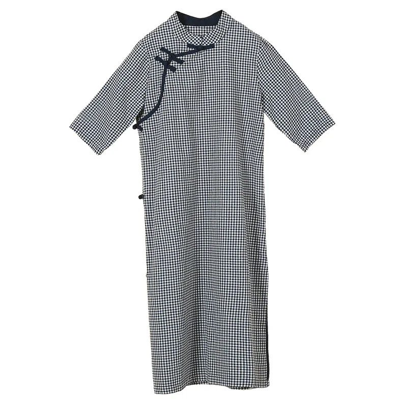 Traditional Chinese Dress For Women Summer Midi Dress Half Sleeve Modern Plaid Cheongsam Oriental Qipao Vintage Robe
