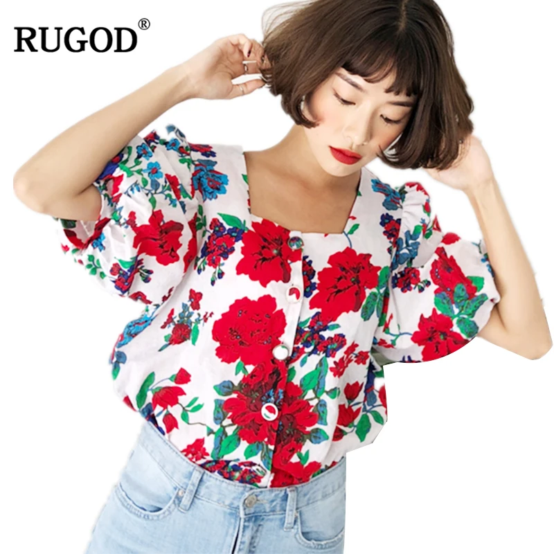 

RUGOD 2019 New Summer Prairie Chic Sweet Style Red Flower Print Fresh Square Collar Casual Basic Single Button women blouses ins
