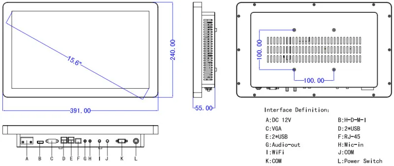 Промышленный компьютер встроен шт 15,6 дюймов Intel N3150 1,6 ГГц 4 ГБ DDR3 32 г SSD Разрешение 1366*768 с 2 * RS232/4 * USB