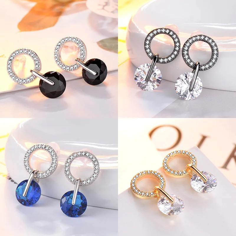 

Double Fair Elegant Candy Color Crystal Round Little Zircon 3 Color Plating Drop Earrings For Women Fashion Gift Jewelry KBE342