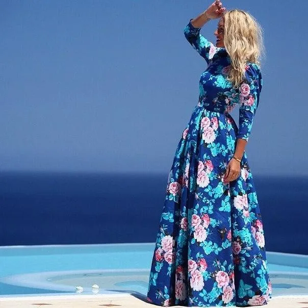 

2017 New Fashion Print Maxi Dress Women Casual Elegant Floral Long Dresses
