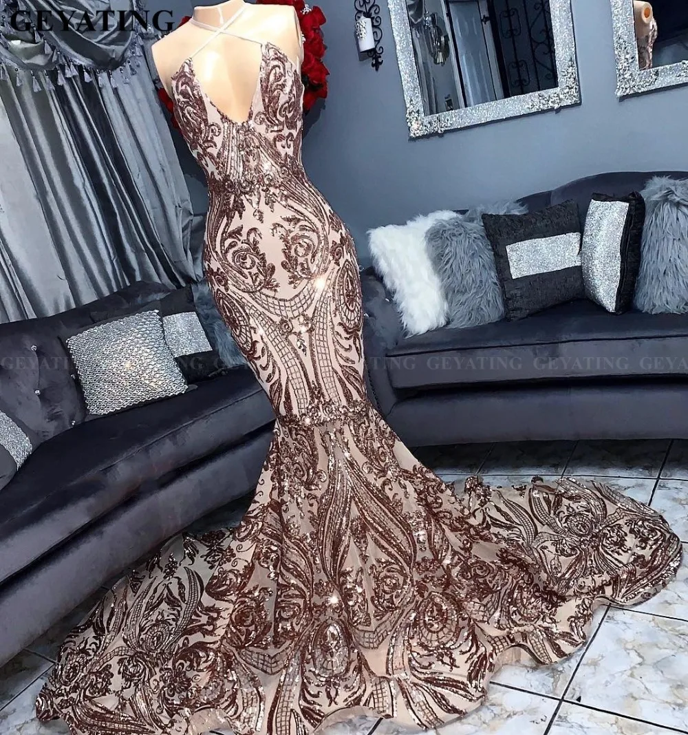 Sexy V-hals Backless Afrikaanse Prom Jurken 2020 Sparkly Rose Gold Sequin Lange Avondjurk Mermaid Champagne Formele Partij Jassen Sexy V-hals Backless Afrikaanse Prom Jurken 2020 Sparkly Rose Gold Sequin Lange Avondjurk Mermaid Champagne Formele Partij Jassen