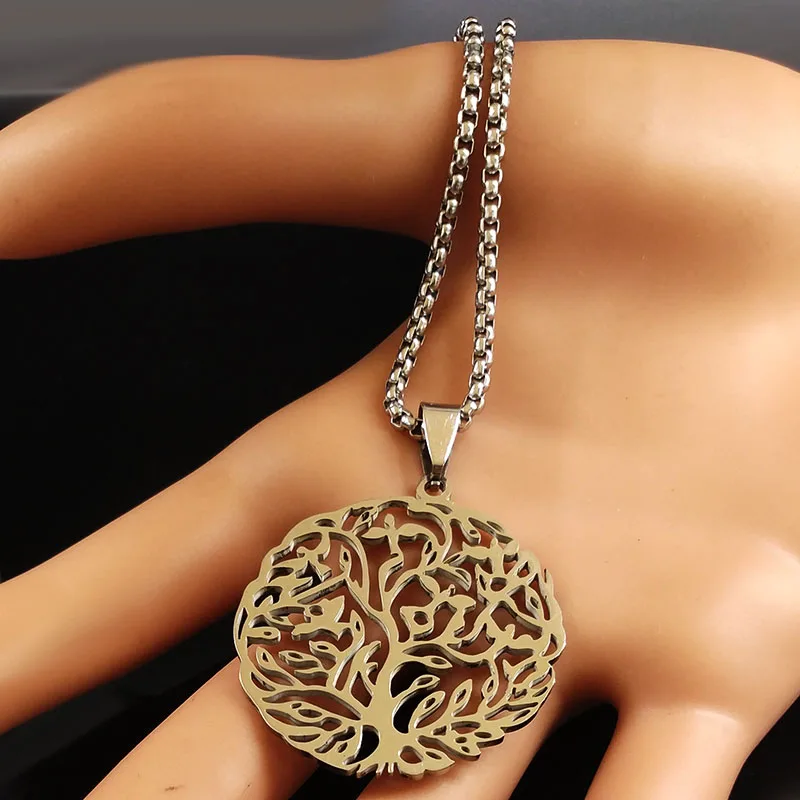 Fashion Tree of Life Stainless Steel Statement Necklace Men Silver Color Necklaces Pendants Jewelry colgante hombre N18296