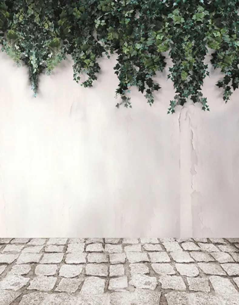 

5x7ft Stone Floor White Wall Green Leaves Photography Backdrops Photo Props Studio Background