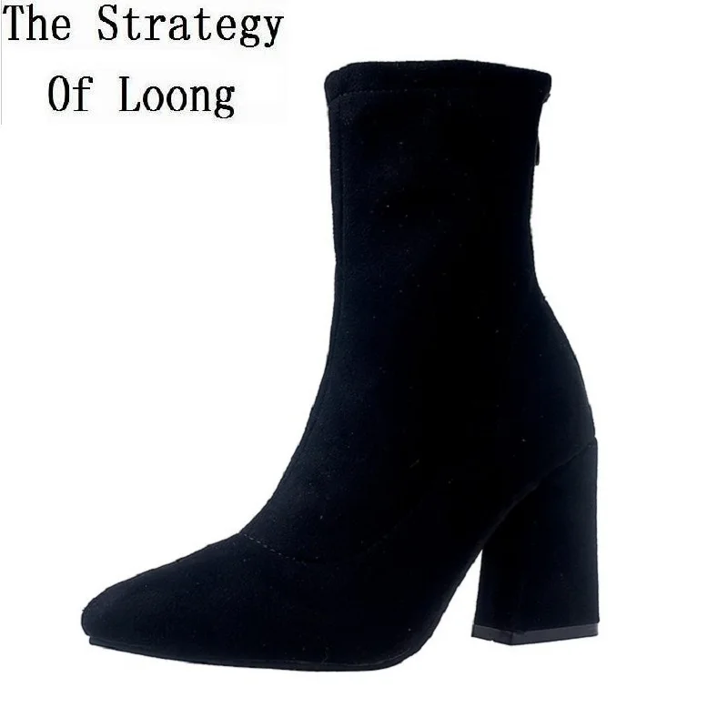 Spring Autumn New Korean Style Slim Women Mid-Calf Sock Boots Thick High Heels Pointed Toe Flock Ladies Half Stretch Botas 0807 | Обувь