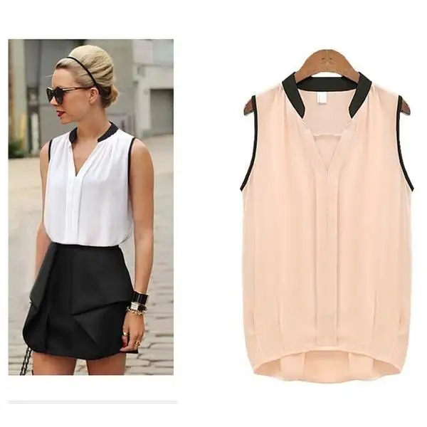 

Summer Chiffon Blouses Women Plus Size Loose Casual Sleeveless Vest Pactwork White Pink V-Neck Tops Office Lady Blouse Shirts