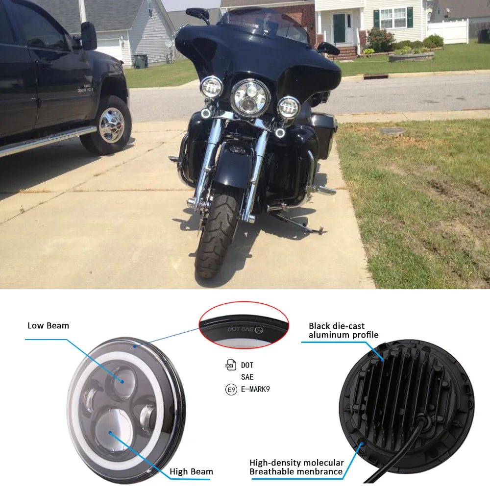  7 Inch Motorcycle LED Headlight Motorbike Car Headlamp 6500K H4 H13 45W With Angle Eyes High Low Be - 32899761515
