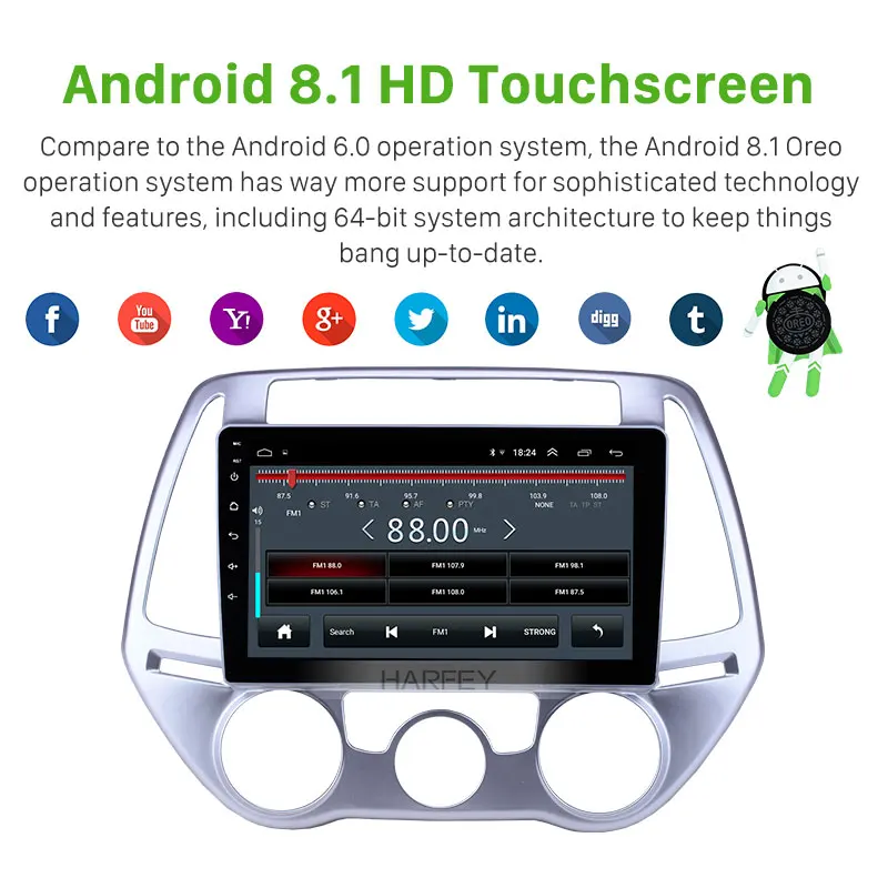  Harfey 9 inch HD Touchscreen Android 8.1 GPS Navigation Radio for Hyundai i20 Manual A/C 2012-2014 