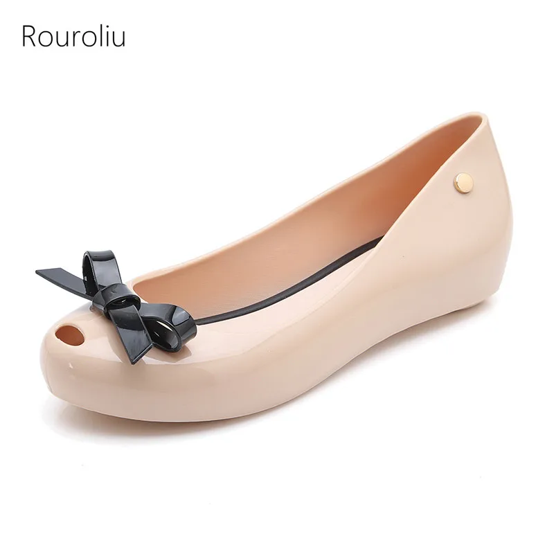 

Rouroliu Women Candy Color Rain Shoes Bowknot Peep Toe Jelly Shoes Woman Non-Slip Waterproof Casual Beach Flats FR79