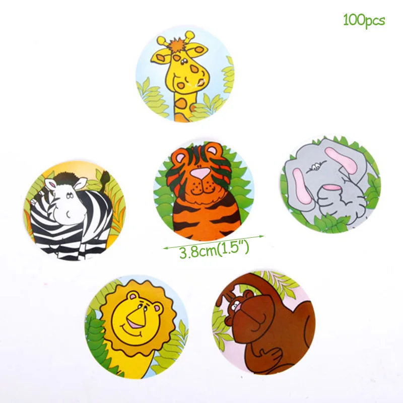 Jungle Birthday Party Disposable Tableware Jungle Animal Disposable Plates Cups Napkins Safari Decoration Baby Shower Supplies - Цвет: 100pcs sticker