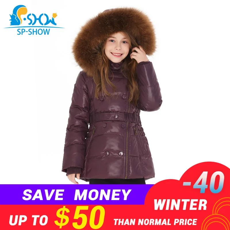 

SP SHOW Luxury Brand Children Winter Coat Girls Raccoon Fur Hat Thick Fleece Hooded Jacket Down & Parkas For 6-12 Age Kids1620