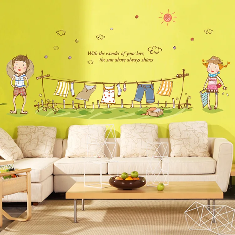 Lovely Girl Boy Hanging Clothes Laundry DIY Removable Wall Stickers