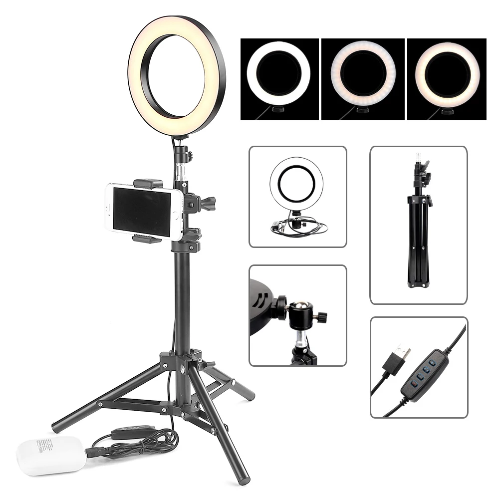 ET светодиодный светильник-подставка для камеры с держателем для телефона, кольцевой светильник для телефона, штатив для смартфона, светильник для селфи 16 см, светильник для объектива телефона