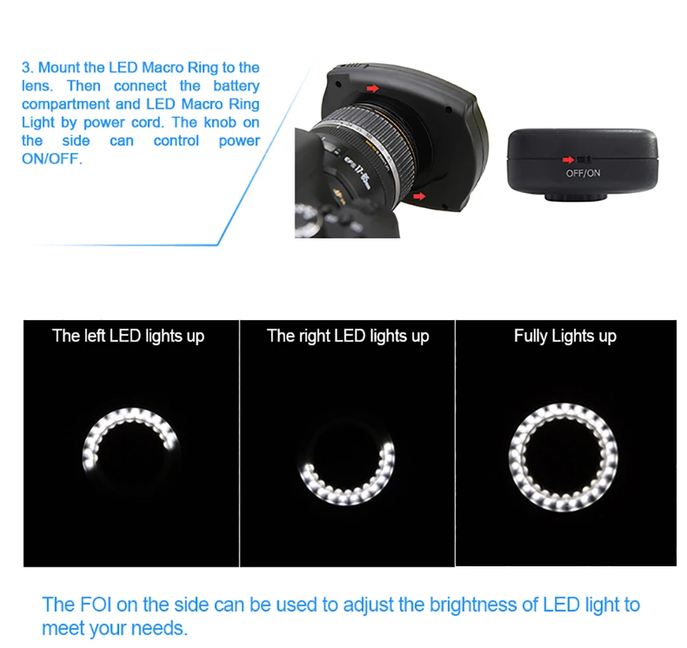 Светодиодный макро-кольцевой светильник JJC для камеры с левой/правой и полукруглой вспышкой для NIKON/CANON/SONY/PENTEX/Olympus