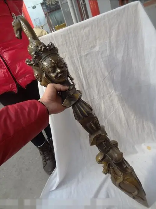

free 37"Tibet Bronze Copper Guard 3 Face Mahakala Buddha Statue Protect Dragon Dagger fast