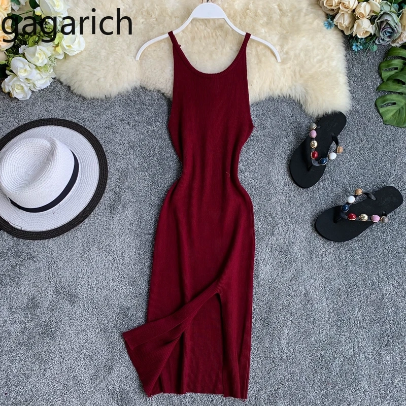 

Gagarich Women Dress 2019 Fashion Spaghetti Strap Solid Stretch Sexy O-neck Split Dresses Summer Elegant Vestidos
