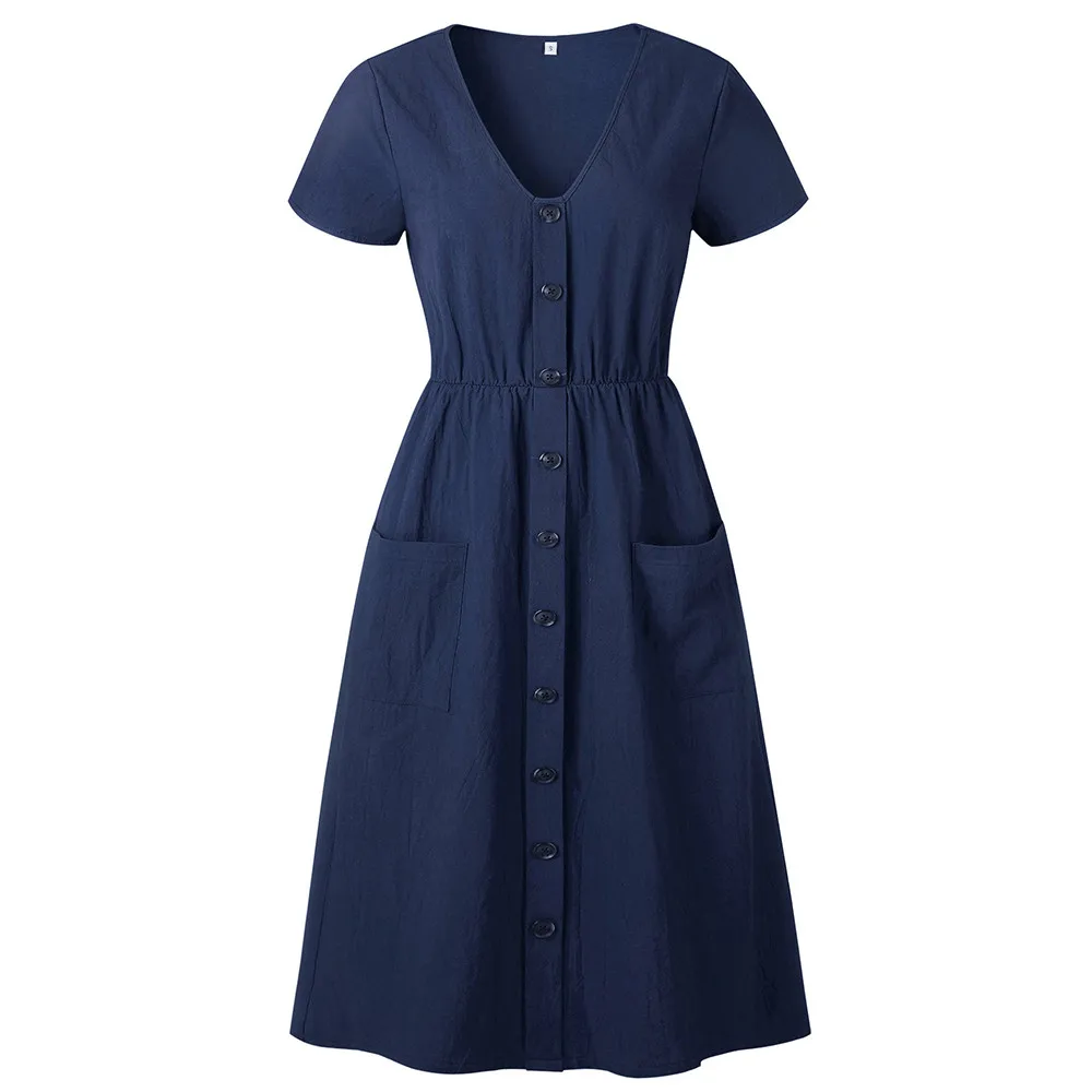 Womens Party Dress Holiday Summer Dress Women Beach Solid short Sleeve Buttons Party Dress