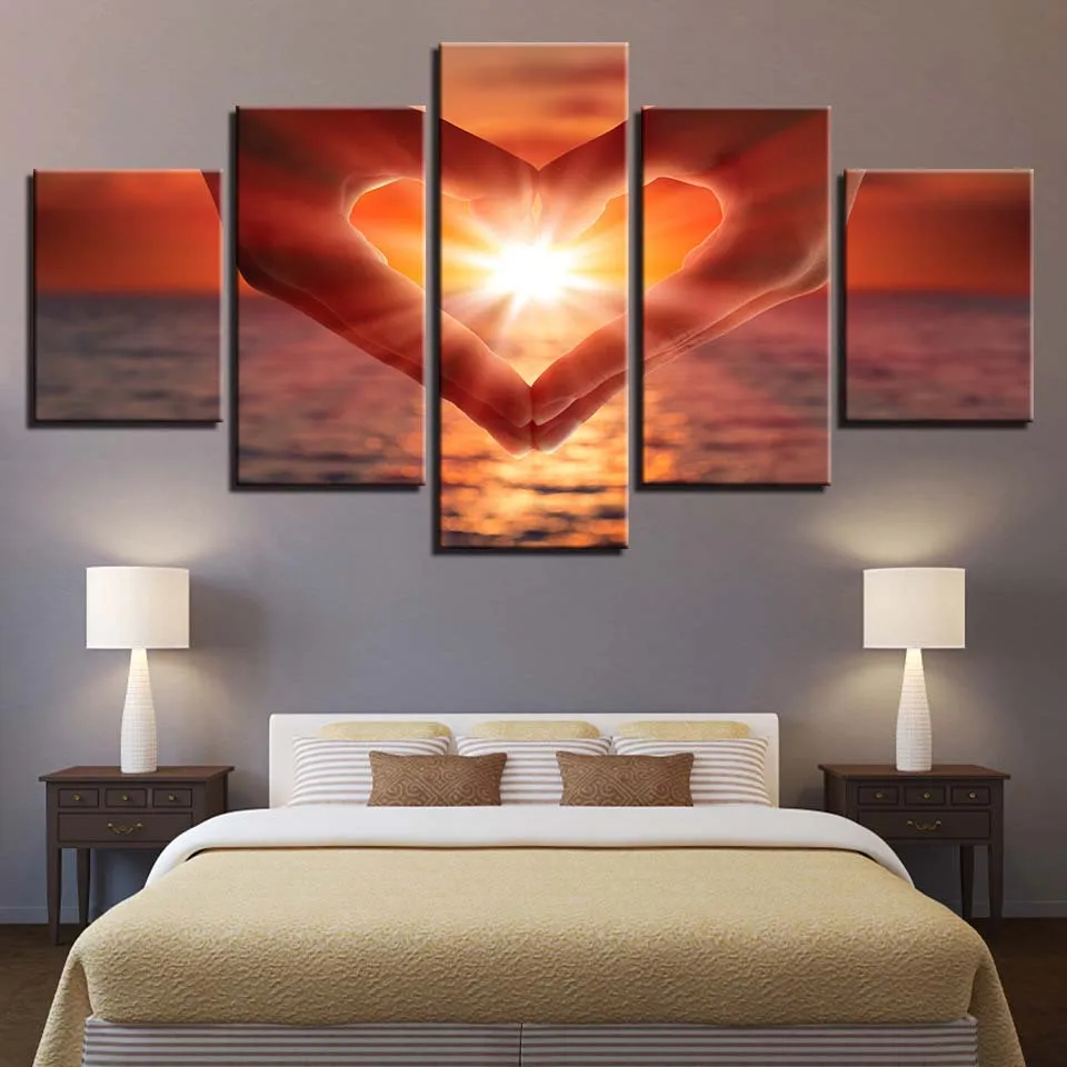 

Wall Art Poster HD Printed Modern Canvas 5 Panel Sunrise Love Seaview Living Room Pictures Home Decor Modular Painting Frame