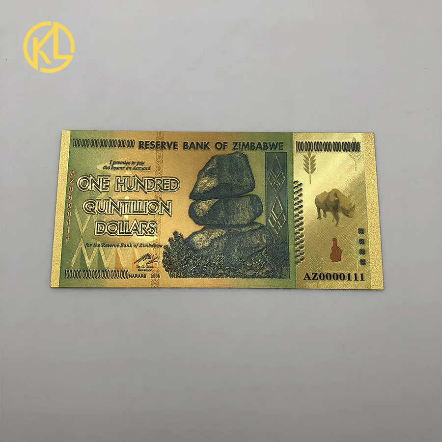 

New 1pc Limited Edition Zimbabwe One Hundred Quintillion Dollars Rhinoceros Image 24K Gold Banknote for gambling token money