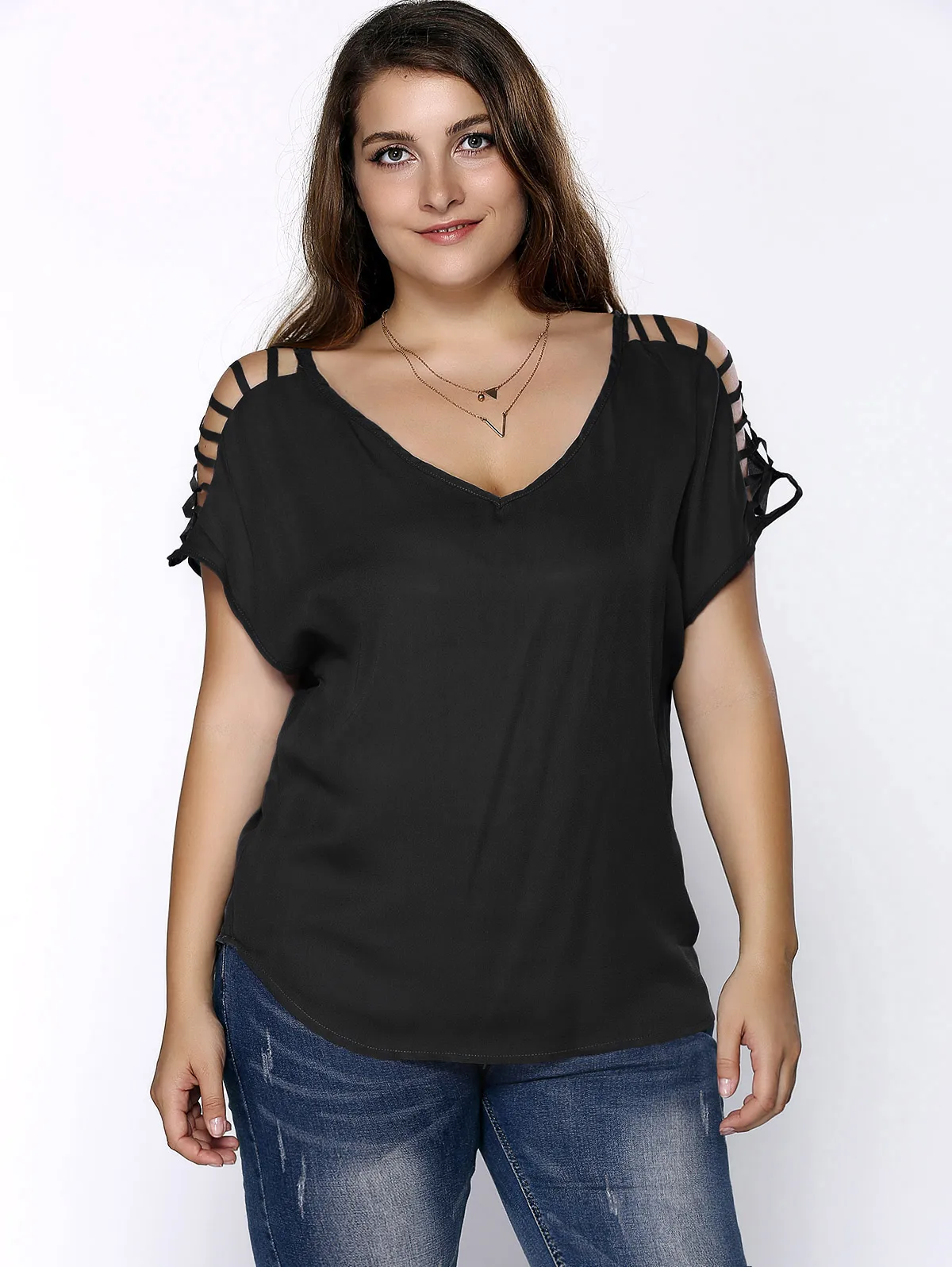 

ROSEGAL Plus Size V Neck Ripped Sleeve Tee Short Sleeve T-Shirt Ladies Ripped Hole Basic Plain Tops Shirts Tees 5XL