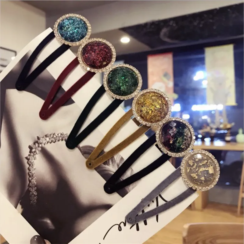 

New high-end boutique hair accessories women's diamond hot stamping super flash round buckle fashion large BB clip hairpin card