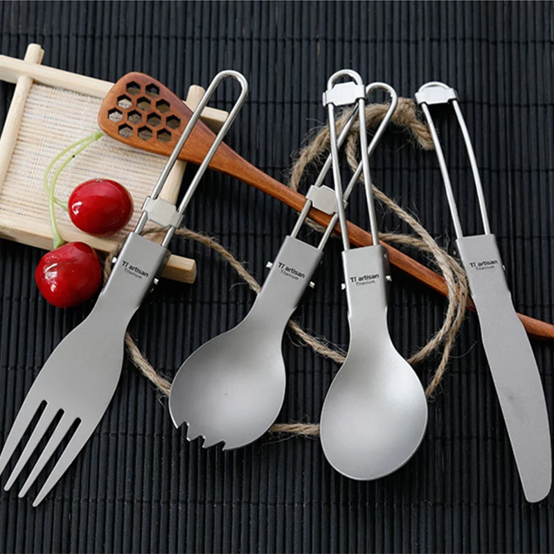 

Triartisan Titanium Flatware Cutlery Set Knife Fork Spoon Outdoor Camping Travel Pure Titanium Dinnerware Set With Mesh Bag