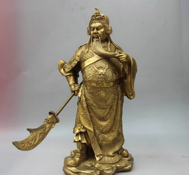 

150401 S1178 China Folk Copper Brass Dragon Sword Guan Gong God Guan Yu Warrior Buddha Statue