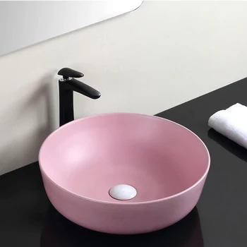 

Round Bathroom Sink Ceramic Washbasin Matte Pink With Ceramic Drainer