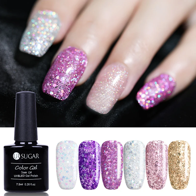 

UR SUGAR 7.5ml Glitter Nail Gel Glitter Soak Off Holographic Nail Art Color Paints Lacquer Sequin Shiny Platinum Gel Nail Polish