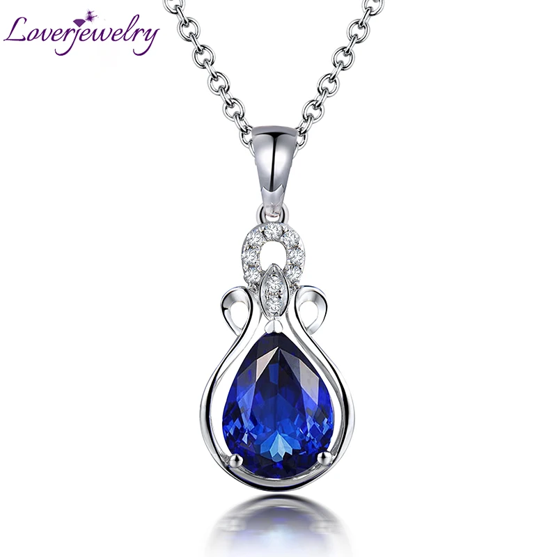 

Loverjewelry Vintage Solid 14Kt White Gold Natural Diamond Genuine Tanzanite Pendant Necklace Pear 7x9mm Gemstone Fine Jewelry