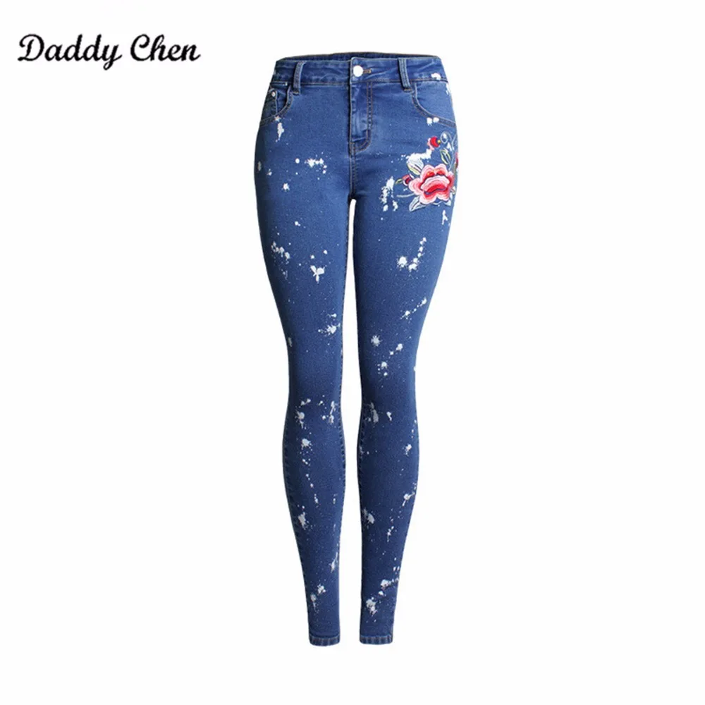 

2017 Casual Skinny high waist jeans for woman mom boyfriend floral embroidery jeans femme push up denim pants plus size ladies