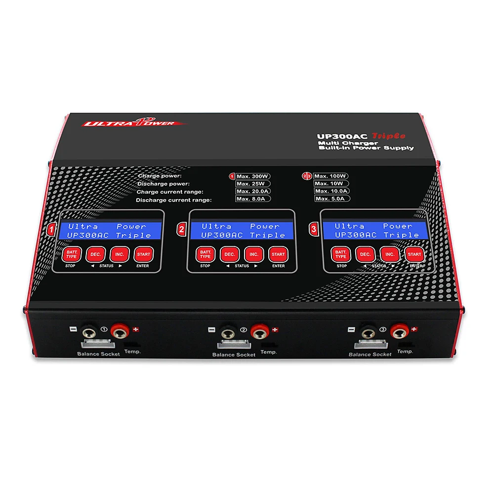 

UP300AC Triple 3-Way 3 * 100W High Power 1-6S LiIo/LiPo/LiFe/LiHV/NiCd/NiMH Battery Balance Charger Discharger