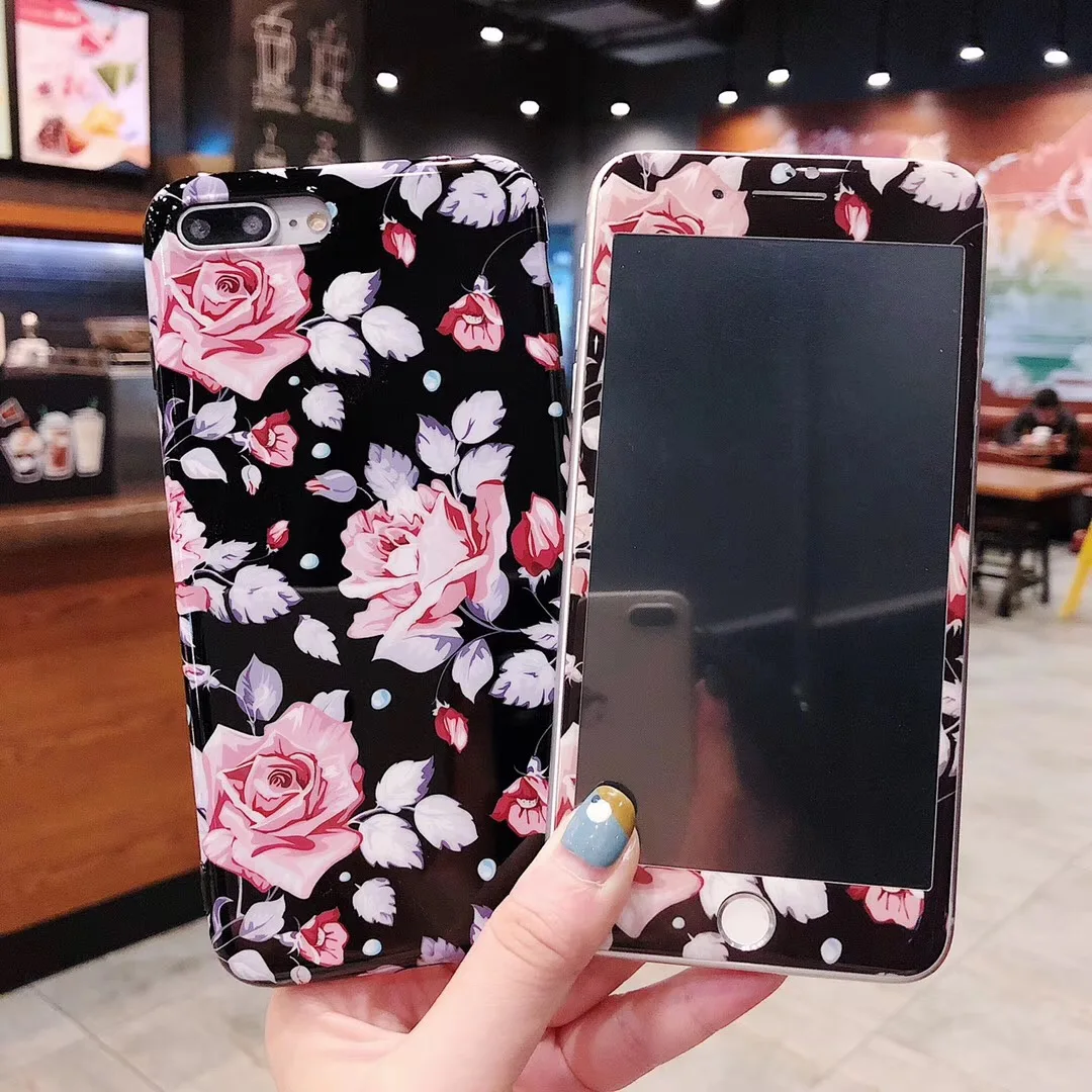 

RLENDA Beautiful Flowers Soft TPU Phone Case for iPhone 6 6S 7 8 Plus X XS XR Xs Max 11 Pro Max+Tempered Glass Screen Protector