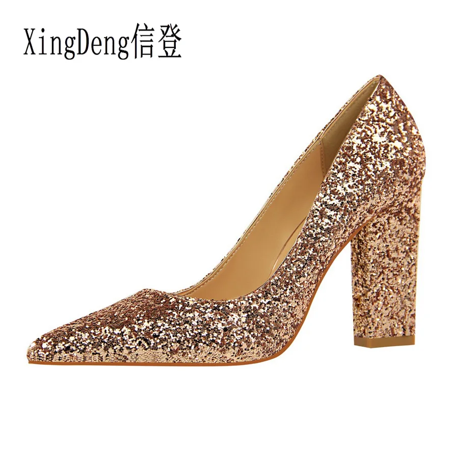 

XingDeng Women Thick Heels Sequined Glitters Shiny Point Toe Wedding Party Dress High Heels Pumps Shoes Nighclub Shoes Stiletos