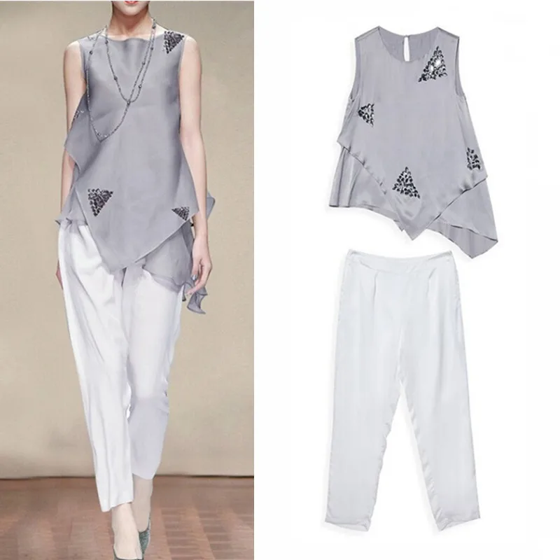 

High Quality Luxury Beaded Clothing Set Women Summer Sleeveless Irregular Blouses Tops And Harem Elegant Pants Suit Set NS136