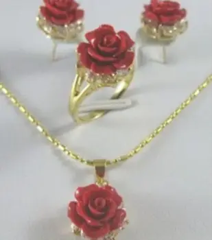 

Hot sale new Style >>>>Pretty Crystal Red Coral rose Flower Pendant Earring Ring lady's set