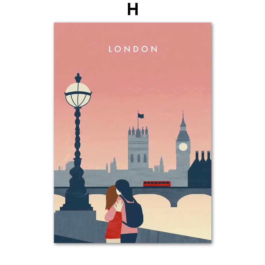Винтажный настенный плакат с изображением Парижа, Лондона, Берлина, путешествий, Художественная Картина на холсте, скандинавские плакаты и принты, настенные картины для декора гостиной - Цвет: H