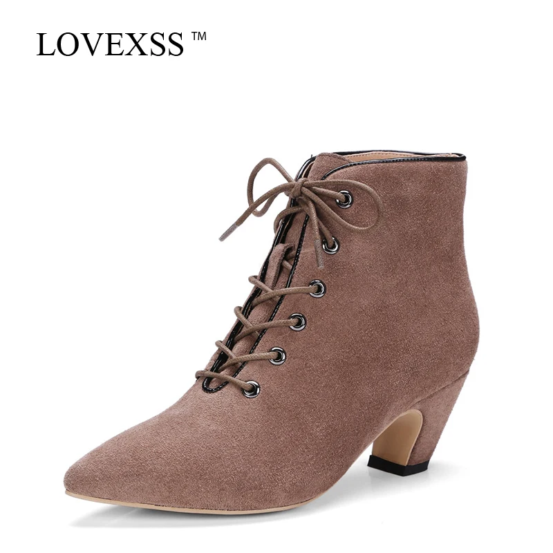 

LOVEXSS Woman Pointed Toe Boots Autumn Winter High Heeled Shoes Plus Size 33 - 43 Fashion Genuine Leather Ankle Boots Black 2017