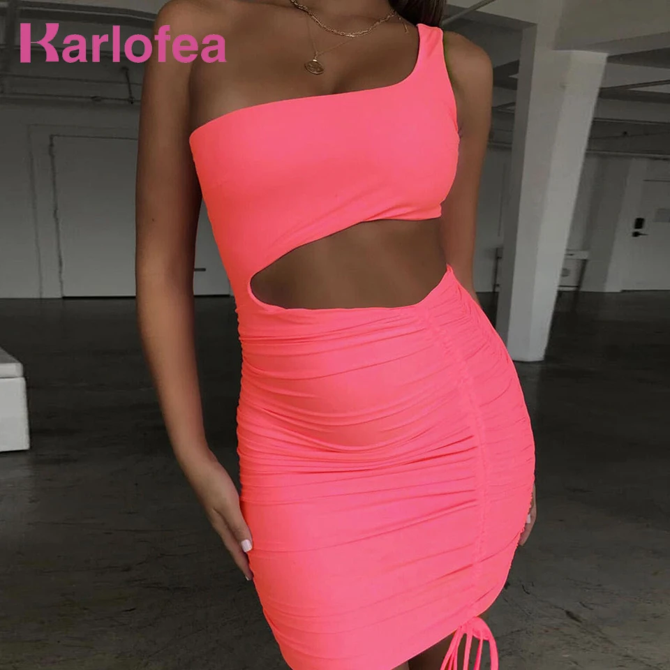 

Karlofea Summer Outfits Women Sexy One Shoulder Waist Cut Out Hollow Out String Ruched Mini Dress New Neon Pink Club Party Dress