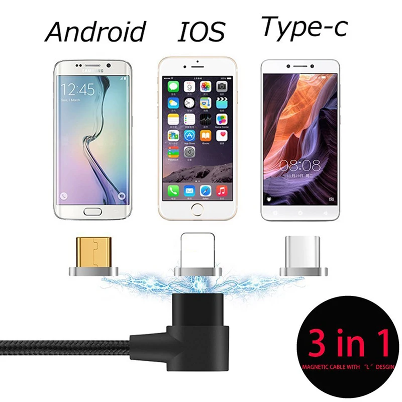 90 градусов прямоугольный usb type C/IOS/Micro USB 3 в 1 Магнитный зарядный кабель быстрое зарядное устройство нейлоновый Плетеный Магнитный зарядный кабель