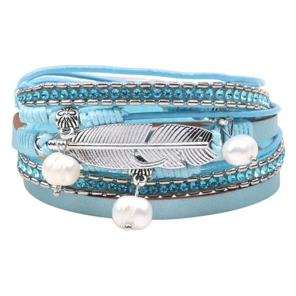 New Fashion Women Lady Jewelry Charm Turquoise Bead Feather Cuff Bangle Bracelet
