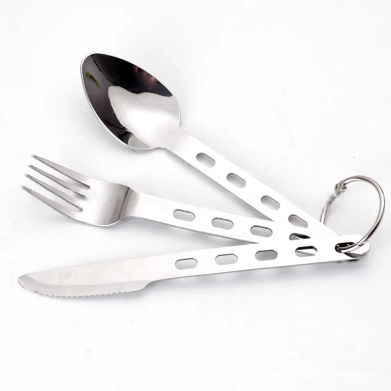 

Picnics Camping spoon 3Pcs Cooking Utensils Hanging Fork Cutlery Cutter Key Ring Stainless Steel Travels Durable