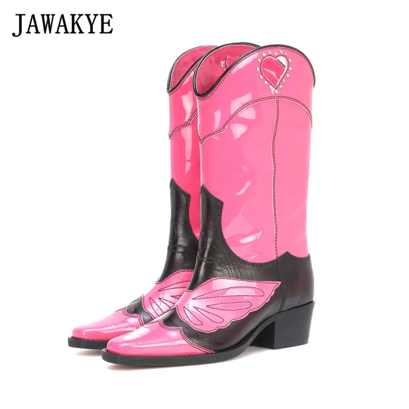 

Pink Patchwork Knight Boots Women Square Toe Chunky Heels Embroidery Butterfly Autumn Genuine Leather Knee high Boots Women