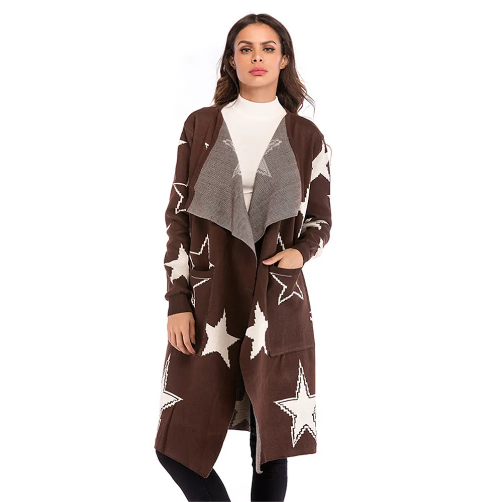 2018 Knit Jacket Women's Autumn Loose Star Pattern Knit Cardigan in the Long Coat
