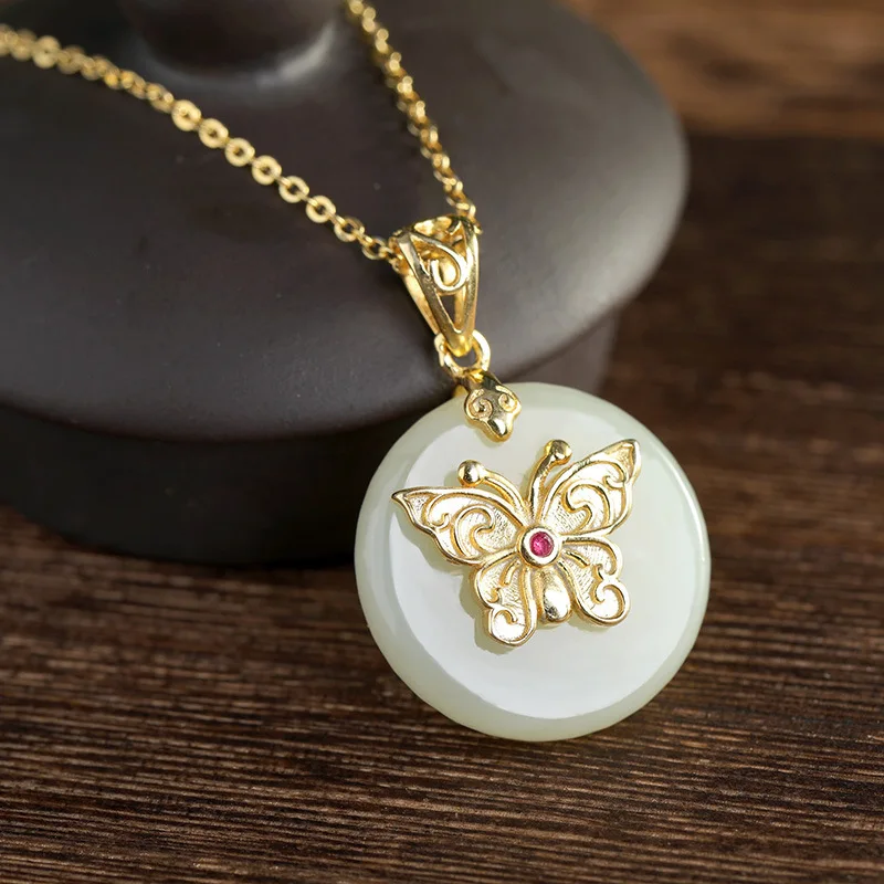 

silver s925 pure silver Mosaic hetian white natural stone butterfly high-grade temperament collarbone pendant hanging pendant