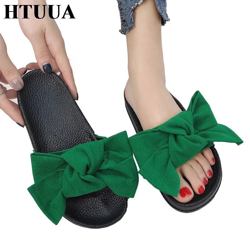 

HTUUA Fashion Big Bow Slippers Women Flat Slides Summer Beach Flip Flops Shoes Woman Casual Outside Sandals Indoor Home SX2316